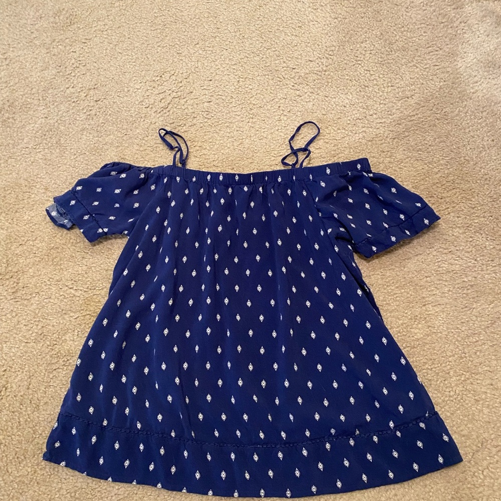 blue patterned, off the shoulder top